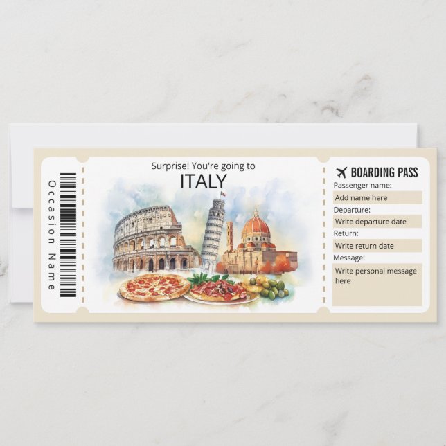 Invitación Billete de avión editable para Italia, viaje a Ita (Anverso)