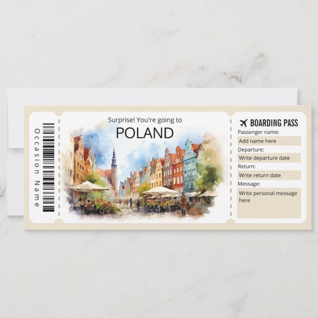 Invitación Billete de avión editable para Polonia, viaje a Po (Anverso)