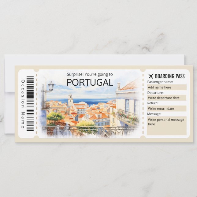 Invitación Billete de avión editable para Portugal, viaje a P (Anverso)