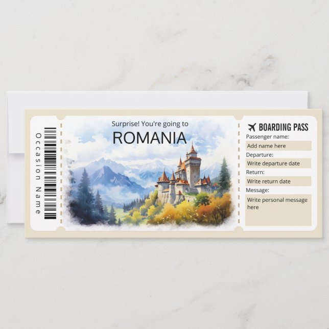 Invitación Billete de avión editable para Rumania, viaje a Ru (Anverso)