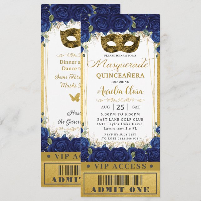 Invitación Billete de baile de máscaras de la floral azul rea (Anverso / Reverso)