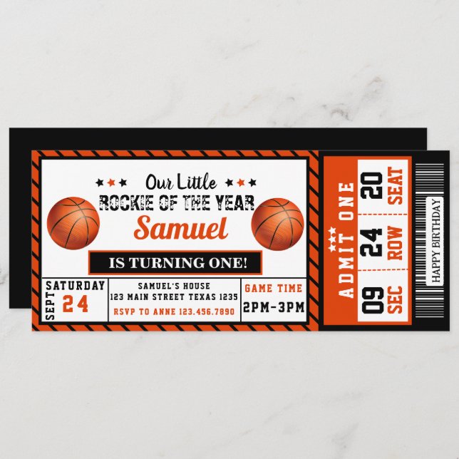 Invitación Billete de baloncesto de cumpleaños 1 Rookie of th (Anverso / Reverso)