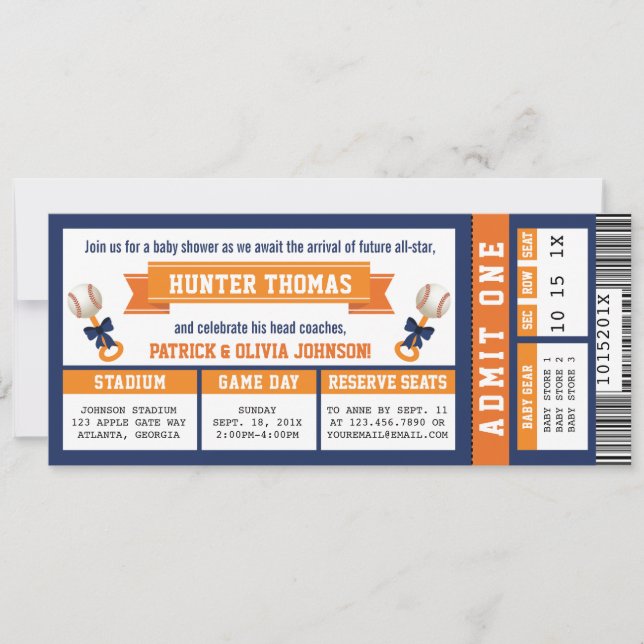 Invitación Billete de béisbol Baby Shower, Azul, Naranja (Anverso)