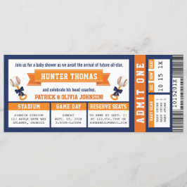 Invitación Billete de béisbol Baby Shower, Azul, Naranja