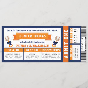 Invitación Billete de béisbol Baby Shower, Azul, Naranja