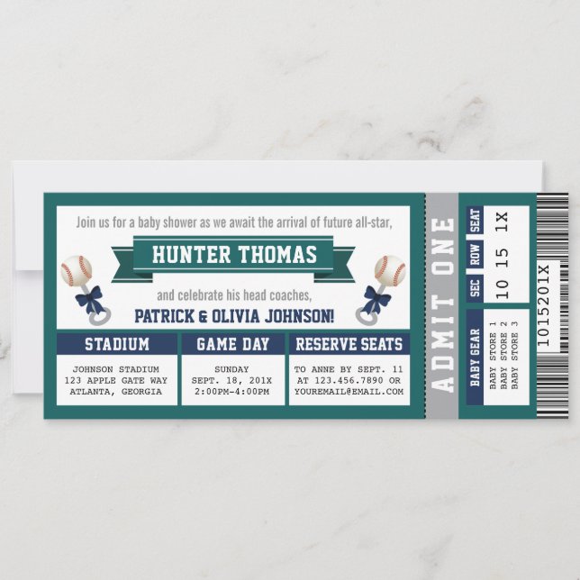 Invitación Billete de béisbol Baby Shower, azul, verde (Anverso)