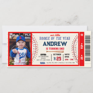 Invitación Billete de béisbol de cumpleaños rojo con foto