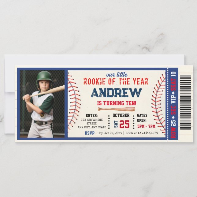 Invitación Billete de béisbol pequeño cumpleaños novato con f (Anverso)