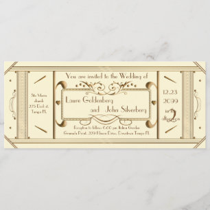 Invitación billete de boda art deco, marfil, marfil trasero