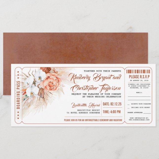 Invitación Billete de Boda floral Pampas Grass Terracotta (Anverso / Reverso)