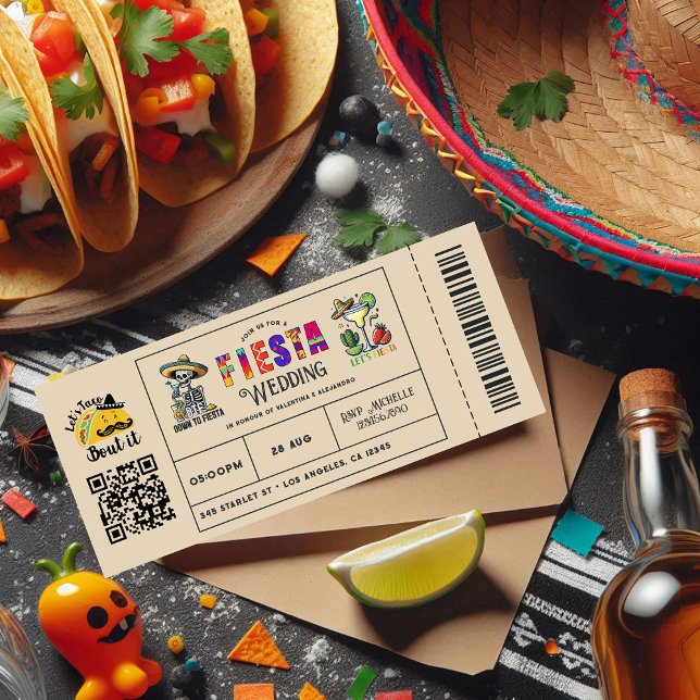 Invitación Billete de Boda mexicano de Fiesta "Taco Bout It" ("Let's Taco Bout It" Mexican Fiesta Wedding Ticket Invitation)