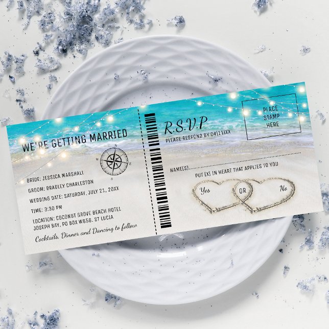 Invitación Billete de Boda Tropical Beach Heart con RSVP (Subido por el creador)