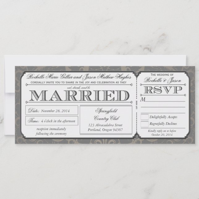 Invitación Billete de bodas antiguas con colección RSVP III (Anverso)