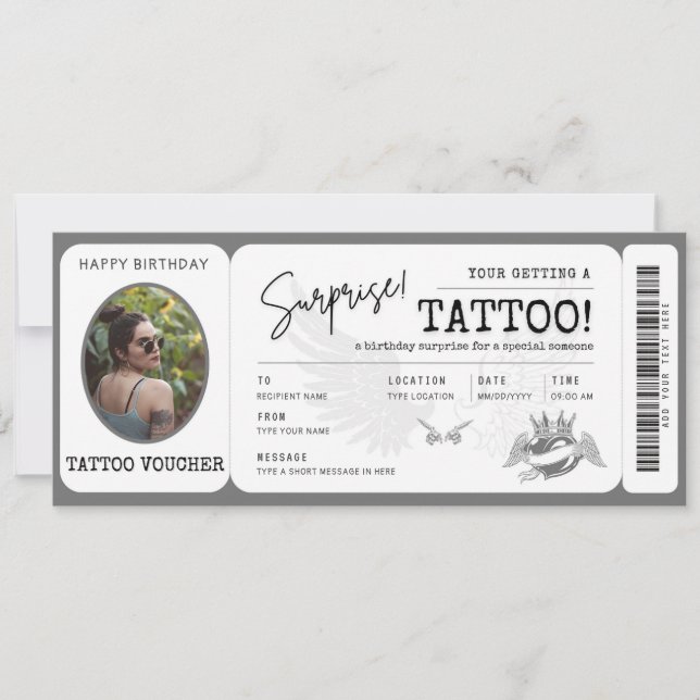 Invitación Billete de bono de tatuaje personal con foto (Anverso)