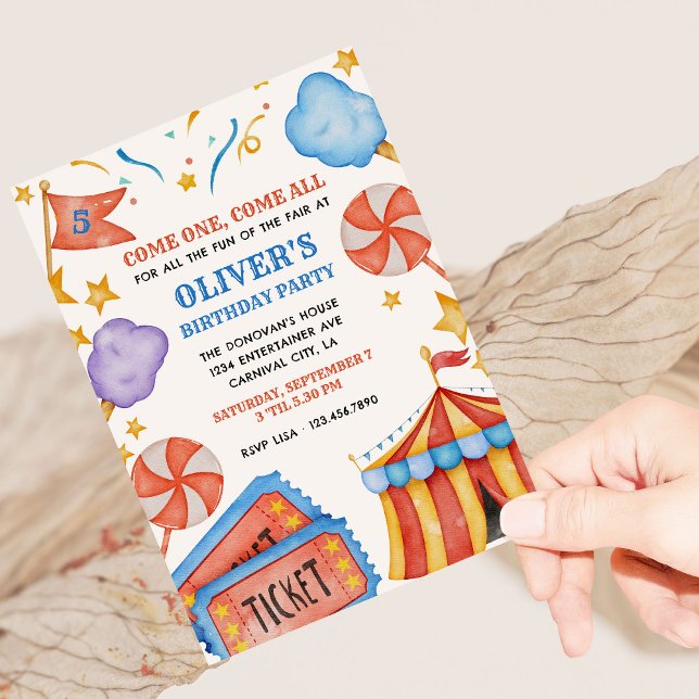 Invitación Billete de carnaval y Fiesta de cumpleaños de niño (Circus carnival theme kids birthday party invitation)