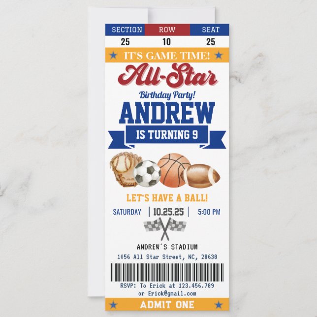Invitación Billete de cumpleaños de All Star Sport personal p (Anverso)