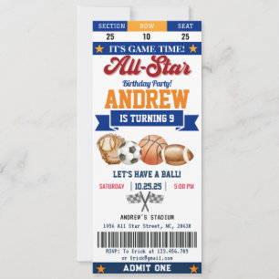 Invitación Billete de cumpleaños de All Star Sport personal p