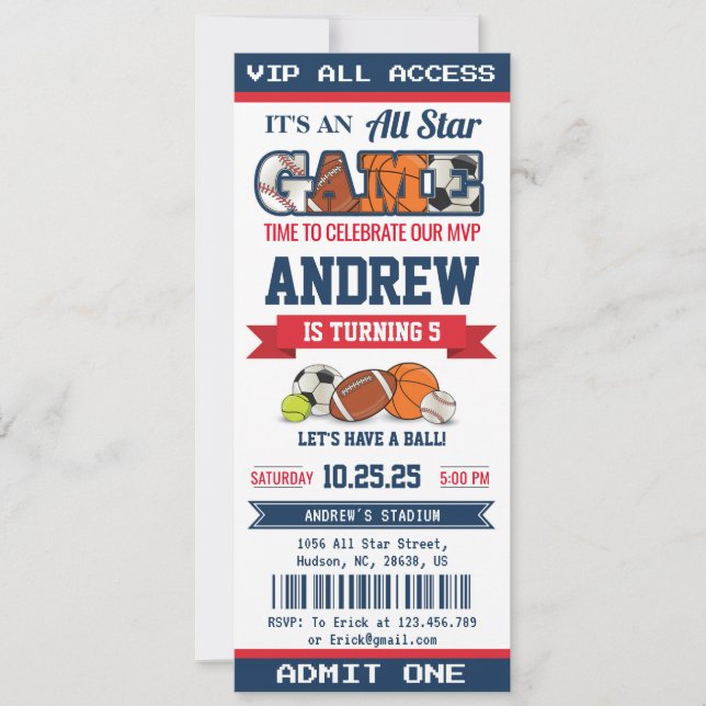 Invitación Billete de cumpleaños de All Star Sport personal p (Anverso)
