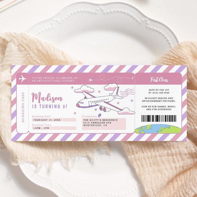Invitación Billete de cumpleaños de Pink Plane Boarding (Subido por el creador)