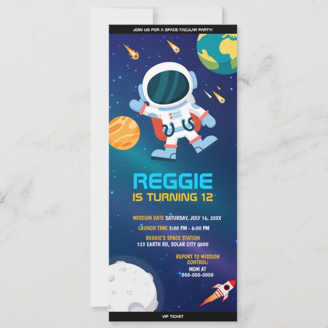 Invitación Billete de cumpleaños de planetas astronautas del  (Anverso)