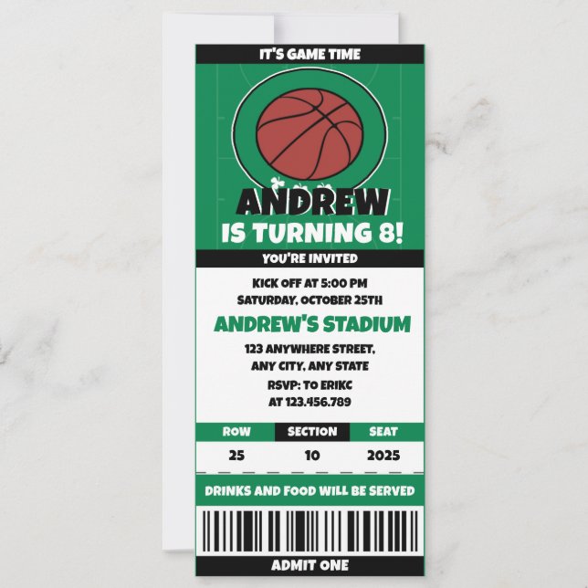 Invitación Billete de cumpleaños del aficionado al baloncesto (Anverso)