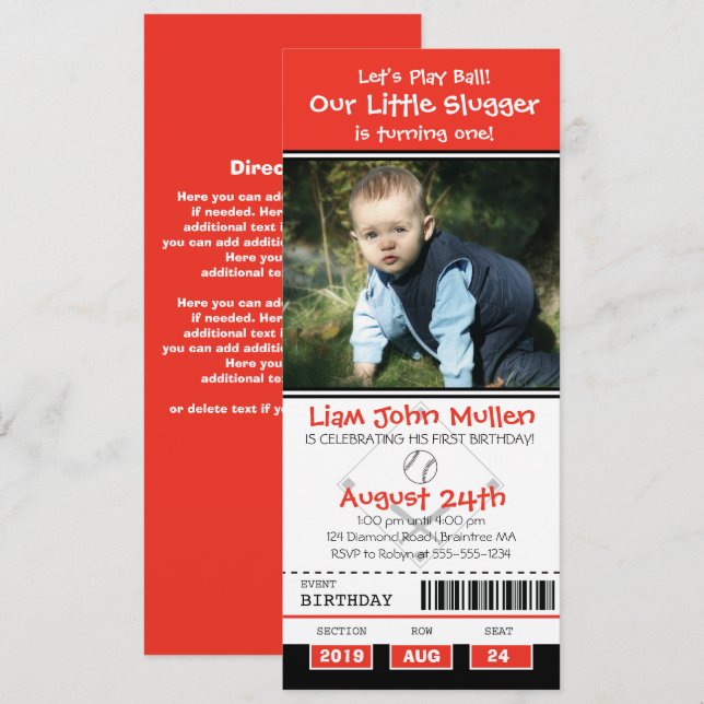 Invitación Billete de cumpleaños del béisbol (Anverso / Reverso)