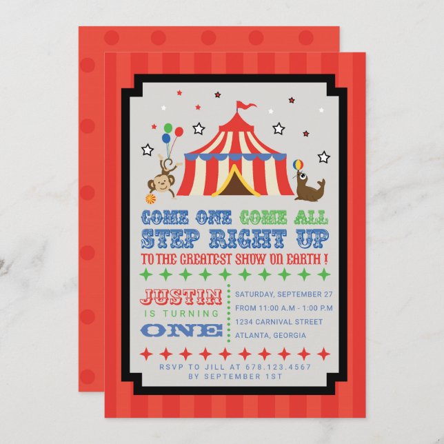 Invitación Billete de cumpleaños del Carnaval de Circo (Anverso / Reverso)