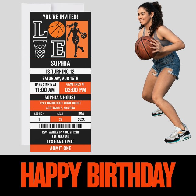 Invitación Billete de cumpleaños del Chica de baloncesto negr (Subido por el creador)