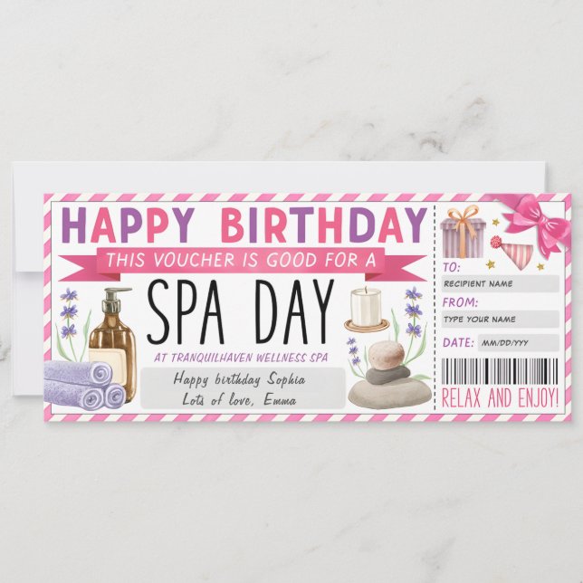 Invitación Billete de cupón del día del spa personal (Anverso)
