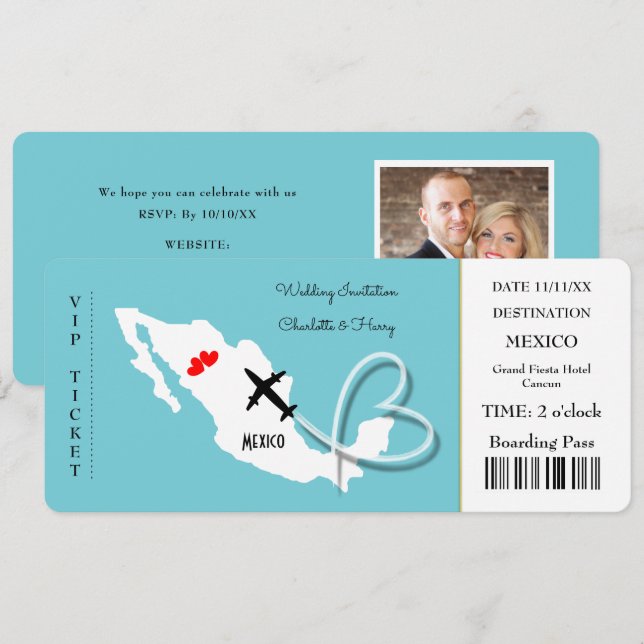 Invitación Billete de destino de boda México (Anverso / Reverso)