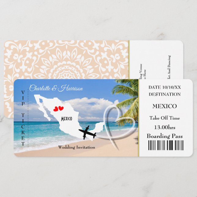 Invitación Billete de destino de boda México (Anverso / Reverso)