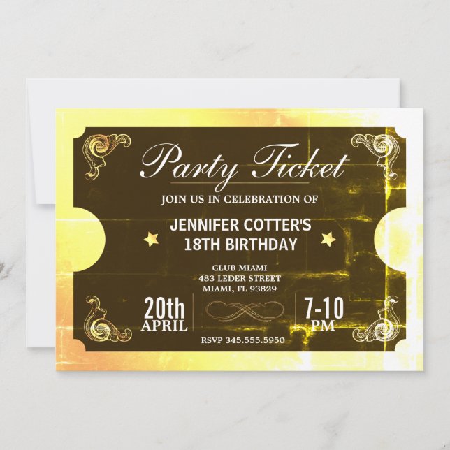 Invitación Billete de Fiesta dorado (Anverso)