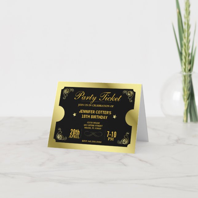 Invitación Billete de Fiesta dorado (Anverso)