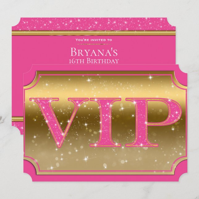Invitación Billete de Fiesta VIP de Esparkle Rosa y Oro Glam (Anverso / Reverso)