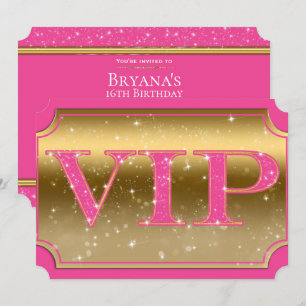Invitación Billete de Fiesta VIP de Esparkle Rosa y Oro Glam