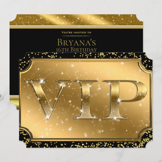 Invitación Billete de Fiesta VIP Gold Black Confetti Sparkle  (Anverso / Reverso)