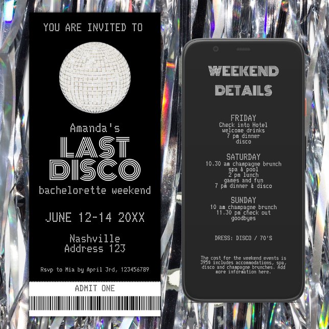 Invitación Billete de fin de semana Silver Last Disco Bachelo (last disco silver bachelorette party invitation ticket weekend itinerary)
