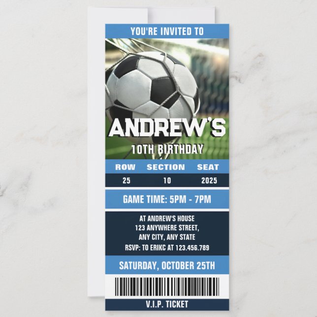 Invitación Billete de fútbol personal para cumpleaños masculi (Anverso)