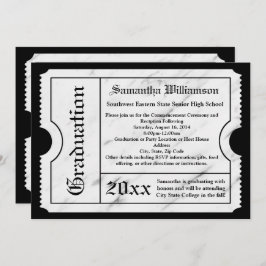 Invitación Billete de graduación moderno de mármol blanco