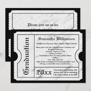 Invitación Billete de graduación moderno de mármol blanco