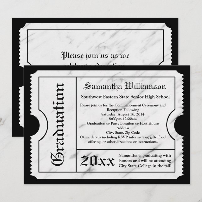 Invitación Billete de graduación moderno de mármol blanco (Anverso / Reverso)