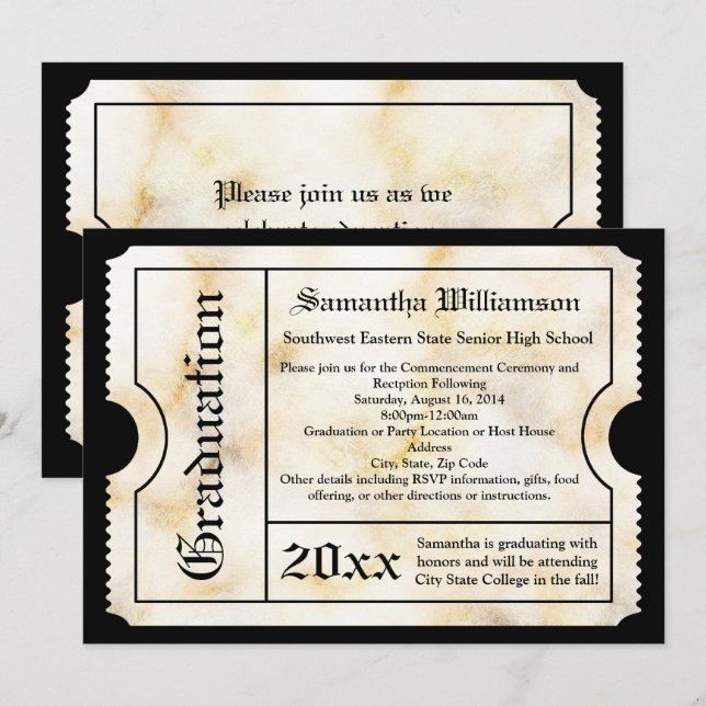 Invitación Billete de graduación moderno de mármol de oro (Anverso / Reverso)