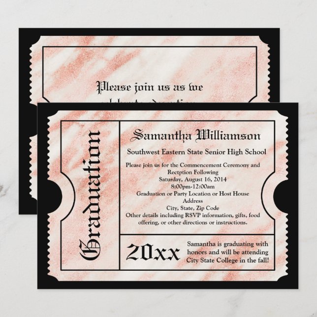 Invitación Billete de graduación moderno de Mármol de oro ros (Anverso / Reverso)