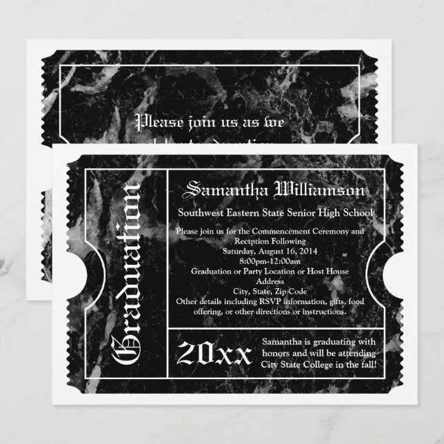 Invitación Billete de graduación moderno de mármol negro (Anverso / Reverso)