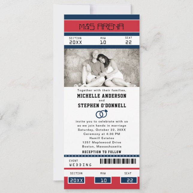 Invitación Billete de hockey azul rojo con anillos Bodas (Anverso)