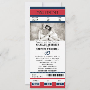 Invitación Billete de hockey azul rojo con anillos Bodas