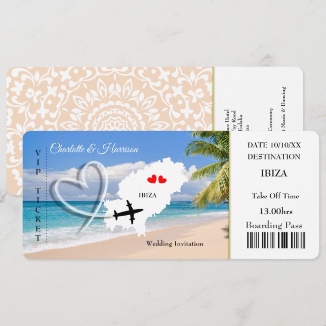 Invitación Billete de Ibiza destino boda (Anverso / Reverso)