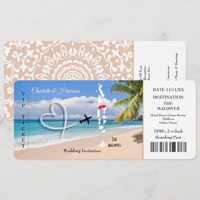 Invitación Billete de la boda de destino en Maldivas  (Anverso / Reverso)