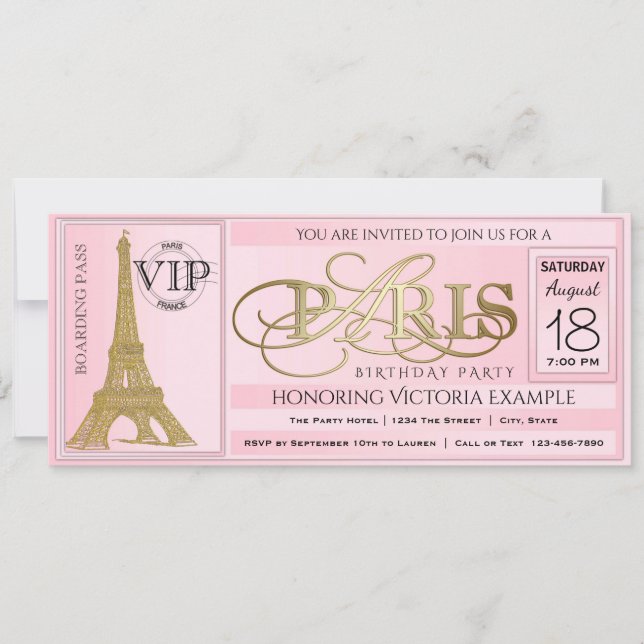 Invitación Billete de la fiesta de cumpleaños PInk Paris (Anverso)