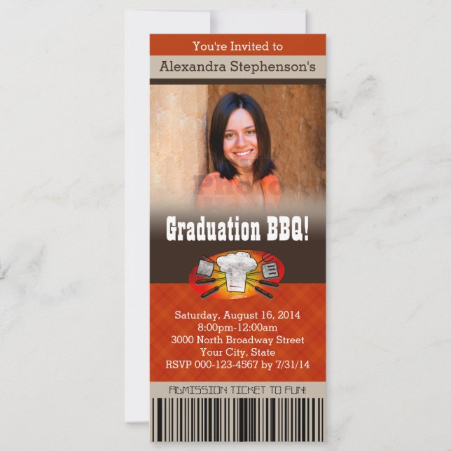 Invitación Billete de la fiesta de graduación de barbacoa de  (Anverso)